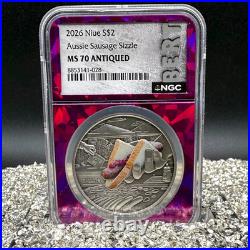 2026 Niue Aussie Sausage Sizzle Fine Silver Coin MS70 Antiqued Colorized 1 of 50