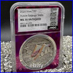 2026 Niue Aussie Sausage Sizzle Fine Silver Coin MS70 Antiqued Colorized 1 of 50