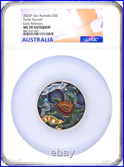 2026 TURTLE YAUNATI 2oz Silver Antiqued Colored Coin NGC MS70 ER Flag Label