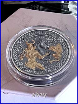 2oz. 999 Silver Art CoinLOKI GOD of FIRE&EVILIncredable DetailCOA, Antiqued OGP
