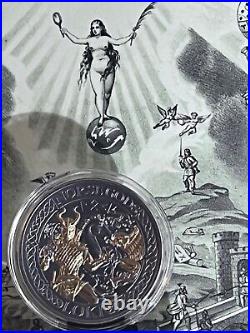 2oz. 999 Silver Art CoinLOKI GOD of FIRE&EVILIncredable DetailCOA, Antiqued OGP