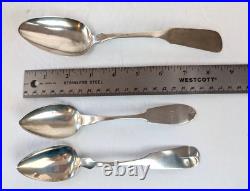 3 Large Antique COIN SILVER Boston 1830s Spoons J B Jones, N Harding 9 & 7 Lot