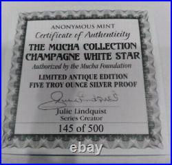 5 OZ LIMITED EDITION ANTIQUE SILVER PROOF COIN MUCHA COLLECTION CHAMPAGNE WithCOA