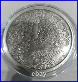 5 OZ LIMITED EDITION ANTIQUE SILVER PROOF COIN MUCHA COLLECTION (IVY) WithCOA