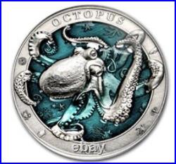 $5 Silver 3D Antiqued Barbados Underwater World Octopus Coin 2021