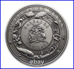 $5 Silver 3D Antiqued Barbados Underwater World Octopus Coin 2021