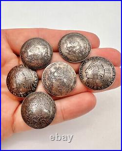 6 Antique MEXICAN Taxco Sterling Silver Cincuenta Centavos Coin Shirt Buttons