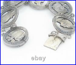 925 Sterling Silver Vintage Antique Oxidized Coin Link Chain Bracelet BT3376