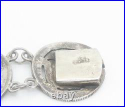 925 Sterling Silver Vintage Antique Oxidized Coin Link Chain Bracelet BT3376