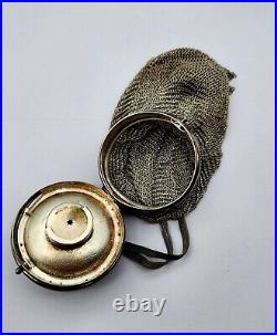 ANTIQUE LARGE VICTORIAN STERLING SILVER MESH COIN PURSE & MAKEUP COMPACT 155g