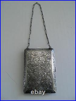 ANTIQUE STERLING SILVER LADIES DANCE / COIN PURSE with COMPACT, 104 grams