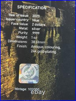 ARTHUR PENDRAGON CAMELOT Antique Finish 1 Oz Silver Coin $2 Niue 2023 Low Mintag
