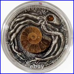 Ammonite 2 oz HIGH RELIEF Antique finish. 999 Silver Coin 5$ Niue Island 2019