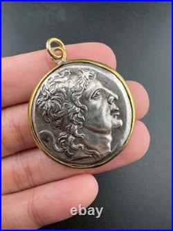 Ancient Greek Antiochus IV Style Silver Coin Pendant Gold Frame