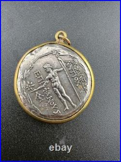 Ancient Greek Antiochus IV Style Silver Coin Pendant Gold Frame