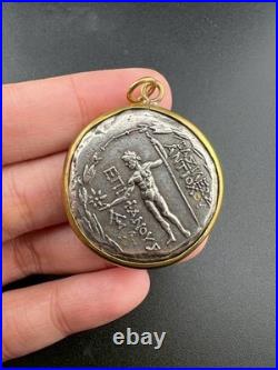 Ancient Greek Antiochus IV Style Silver Coin Pendant Gold Frame