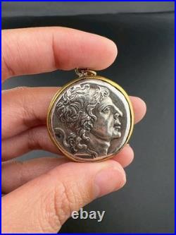 Ancient Greek Antiochus IV Style Silver Coin Pendant Gold Frame