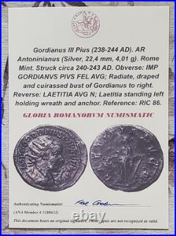Ancient Roman Empire Emperor Gordian Silver Coin 925 Sterling Necklace with COA