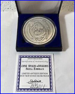 Anne Stokes 5 Oz. 999 Silver Coin Coa #2 Antique Finish Skull Embrace Anonymous