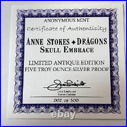 Anne Stokes 5 Oz. 999 Silver Coin Coa #2 Antique Finish Skull Embrace Anonymous