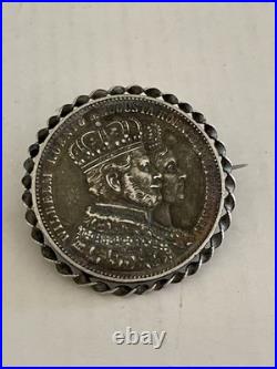 Antique 1861 German States Prussia Silver Coronation Thaler Coin Brooch Wilhelm