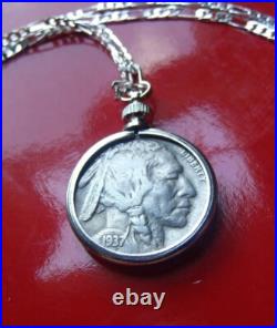 Antique 1937 USA Buffalo Nickel COIN Pendant on a 28 Sterling Silver Chain