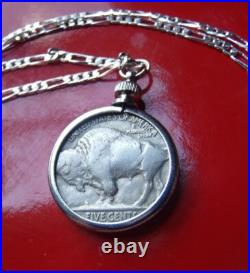 Antique 1937 USA Buffalo Nickel COIN Pendant on a 28 Sterling Silver Chain