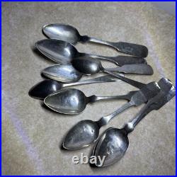 Antique 9 Coin Silver Spoons From Various Makers, All Engraved 3.5+ Troy Ounces