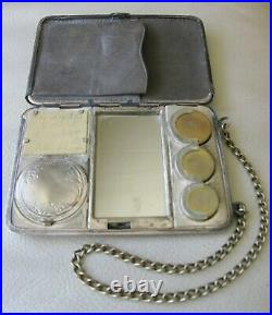 Antique Art Nouveau Pinstripe N Silver Compact Puff Coin Holder Card Case Purse