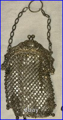 Antique Art Nouveau Sterling Silver Mesh Purse Set with German Silver Coin Bag