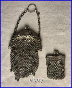 Antique Art Nouveau Sterling Silver Mesh Purse Set with German Silver Coin Bag