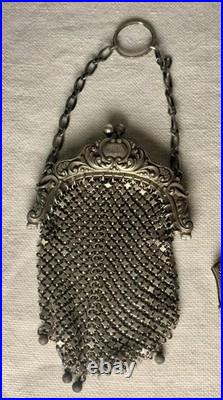 Antique Art Nouveau Sterling Silver Mesh Purse Set with German Silver Coin Bag