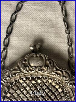 Antique Art Nouveau Sterling Silver Mesh Purse Set with German Silver Coin Bag