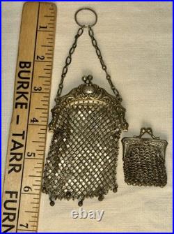Antique Art Nouveau Sterling Silver Mesh Purse Set with German Silver Coin Bag