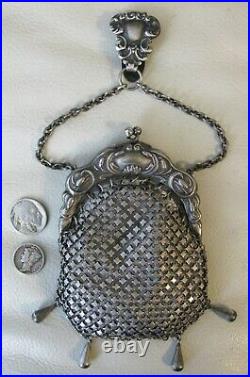 Antique Chatelaine Floral Cattail 4 Tassel Belt Clip Chain Mail Kilt Coin Purse
