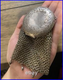 Antique Circa 1900 German Silver Chainmail Coin Purse Round