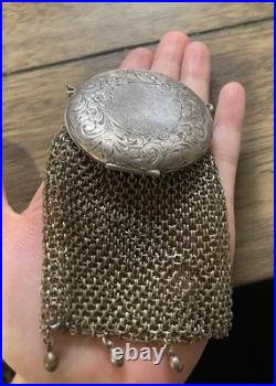 Antique Circa 1900 German Silver Chainmail Coin Purse Round