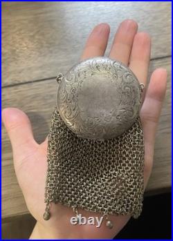 Antique Circa 1900 German Silver Chainmail Coin Purse Round