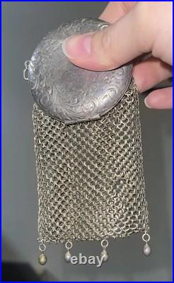 Antique Circa 1900 German Silver Chainmail Coin Purse Round