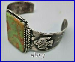 Antique Coin Silver Native American Green Turquoise Fred Harvey Wide Bracelet