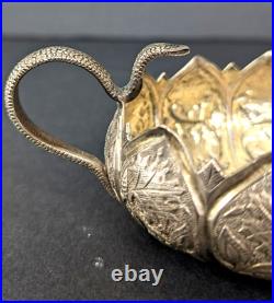 Antique Coin Silver900 Creamer Chased Repousse Scalloped Rim Snake Handle 126.8g