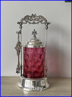 Antique Cranberry Glass Silver Plated Pickle Castor Tongs Thumbprint Coin Dot