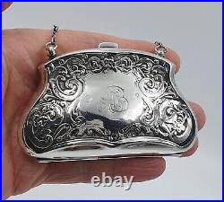 Antique Edwardian sterling silver coin purse with leather inner & chain 1911