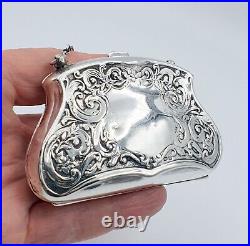 Antique Edwardian sterling silver coin purse with leather inner & chain 1911