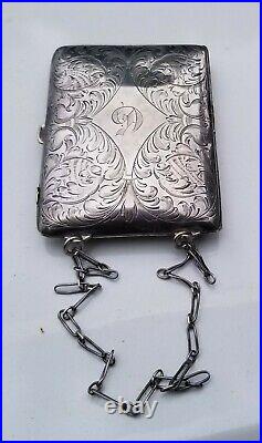 Antique Estate Sterling Silver Makeup /Coin Purse Card Holder Case with Chain