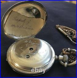 Antique HUGUENIN & CO Coin Silver Hunter's case pocket watch with key & chain Runs
