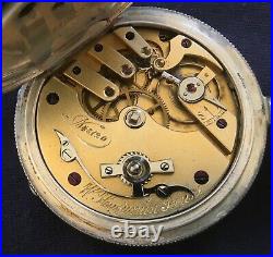 Antique HUGUENIN & CO Coin Silver Hunter's case pocket watch with key & chain Runs