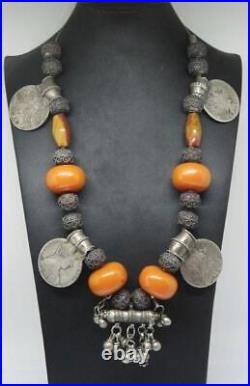 Antique Handmade M. Theresia 920 Coin Silver Bead Lucite Amber 25.5 Necklace