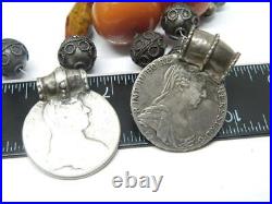 Antique Handmade M. Theresia 920 Coin Silver Bead Lucite Amber 25.5 Necklace