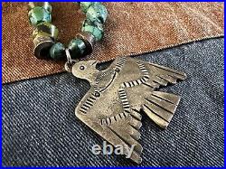 Antique Navajo Pound Coin & Turquoise Beads Necklace Silver Thunderbird Pendant